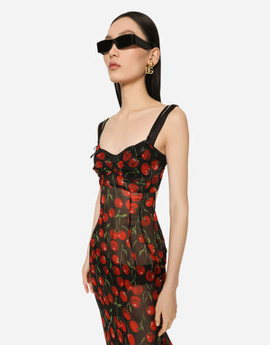 LONG CHERRY-PRINT CHIFFON DRESS WITH TRAIN