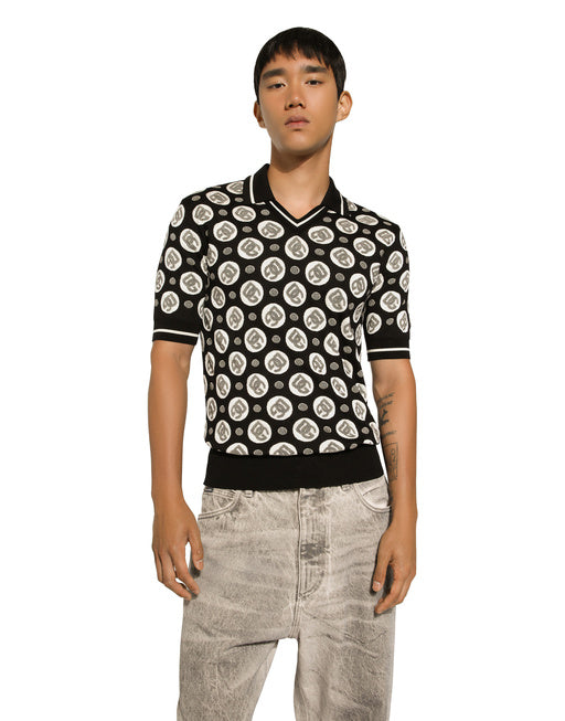 SILK JACQUARD V-NECK POLO-SHIRT WITH DG LOGO