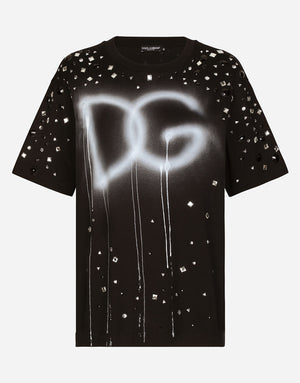 JERSEY T-SHIRT WITH DG LOGO PRINT WITH RHINESTONES