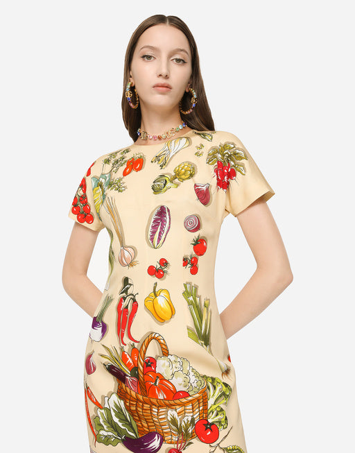 VEGETABLE-PRINT CHARMEUSE MIDI DRESS