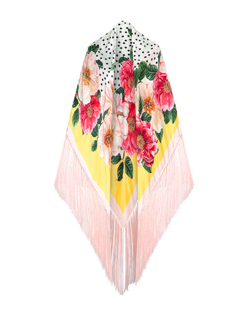 CAMELLIA-PRINT SILK SATIN FOULARD WITH FRINGING