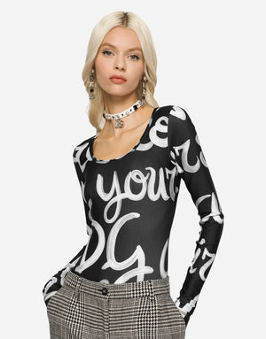 TECHNICAL JERSEY BODYSUIT WITH GRAFFITI LOGO PRINT