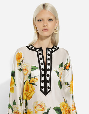 SILK CAFTAN WITH KIMONO SLEEVES AND YELLOW ROSE PRINT