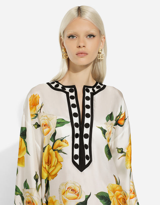 SILK CAFTAN WITH KIMONO SLEEVES AND YELLOW ROSE PRINT