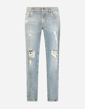 BLUE WASH SKINNY STRETCH JEANS WITH RIPS