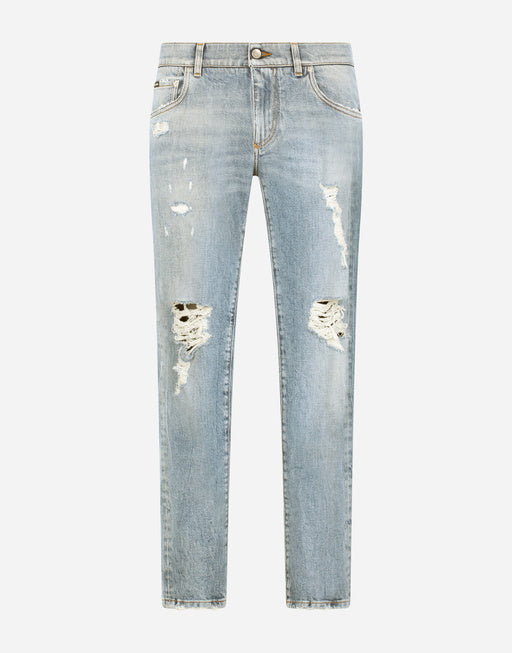 BLUE WASH SKINNY STRETCH JEANS WITH RIPS