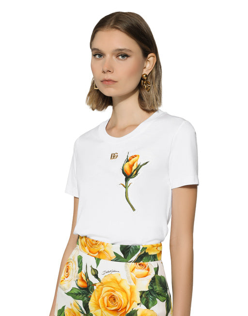 JERSEY T-SHIRT WITH DG LOGO AND YELLOW ROSE-EMBROIDERED PATCH