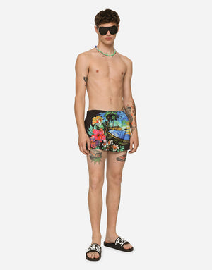 SHORT SWIM TRUNKS WITH HAWAIIAN PRINT