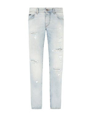 LIGHT BLUE SKINNY STRETCH JEANS WITH RIPS