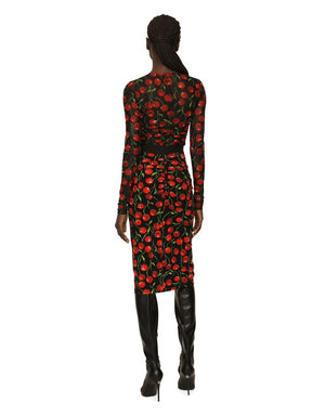 LONG-SLEEVED TULLE TOP WITH CHERRY PRINT AND DRAPING