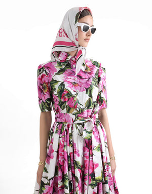 COTTON CALF-LENGTH SHIRT DRESS WITH PEONY PRINT
