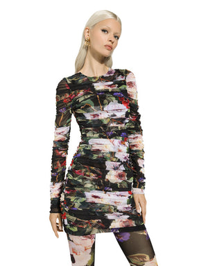 SHORT TULLE DRESS WITH DRAPING AND ROSE GARDEN PRINT