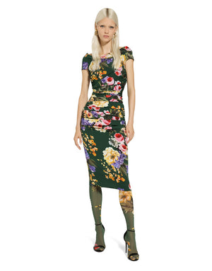 CHARMEUSE DRAPED SHEATH DRESS WITH GARDEN PRINT