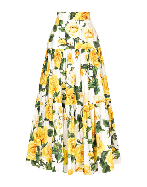 LONG RUFFLED SKIRT IN YELLOW ROSE-PRINT COTTON