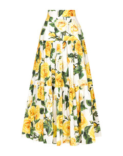 LONG RUFFLED SKIRT IN YELLOW ROSE-PRINT COTTON