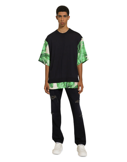 ROUND-NECK SILK SWEATER WITH BANANA TREE PRINT