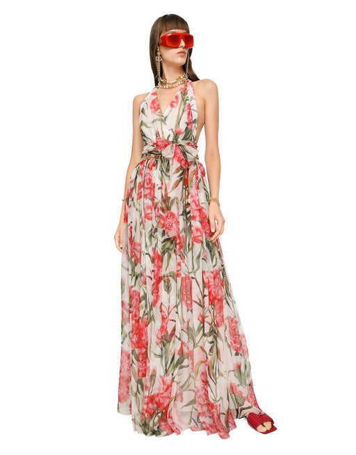 LONG CARNATION-PRINT CHIFFON DRESS