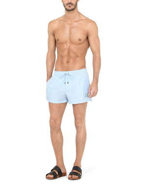 SHORT SWIM TRUNKS WITH BRANDED PLATE
