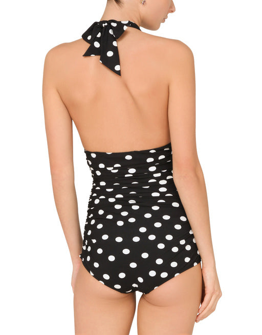 POLKA-DOT PRINT ONE-PIECE SWIMSUIT WITH PLUNGING NECKLINE