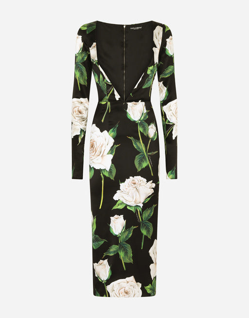 SATIN CALF-LENGTH DRESS WITH WHITE ROSE PRINT