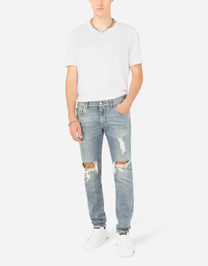 BLUE WASH SKINNY STRETCH JEANS WITH RIPS