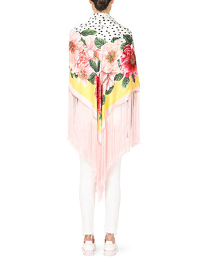 CAMELLIA-PRINT SILK SATIN FOULARD WITH FRINGING