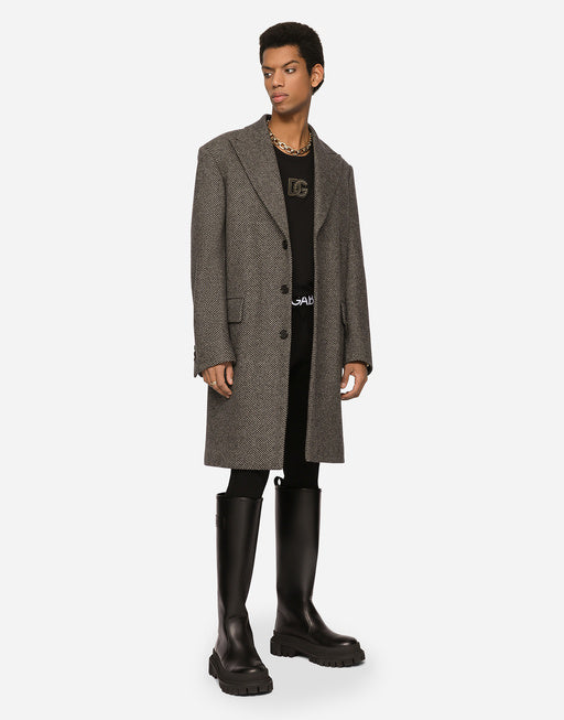 SINGLE-BREASTED HERRINGBONE WOOL JERSEY COAT