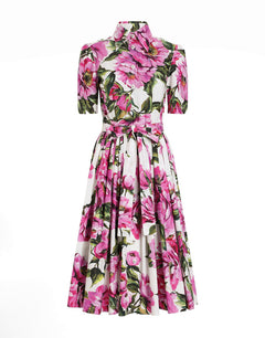 COTTON CALF-LENGTH SHIRT DRESS WITH PEONY PRINT