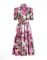 COTTON CALF-LENGTH SHIRT DRESS WITH PEONY PRINT