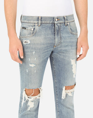 BLUE WASH SKINNY STRETCH JEANS WITH RIPS