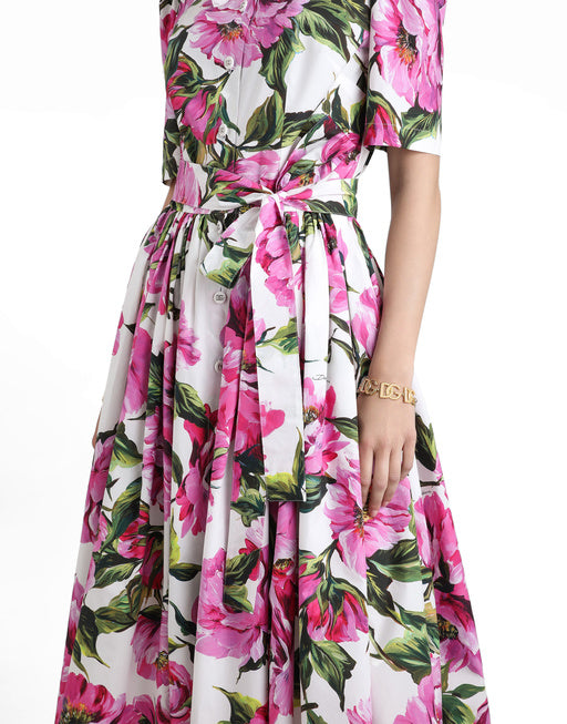 COTTON CALF-LENGTH SHIRT DRESS WITH PEONY PRINT