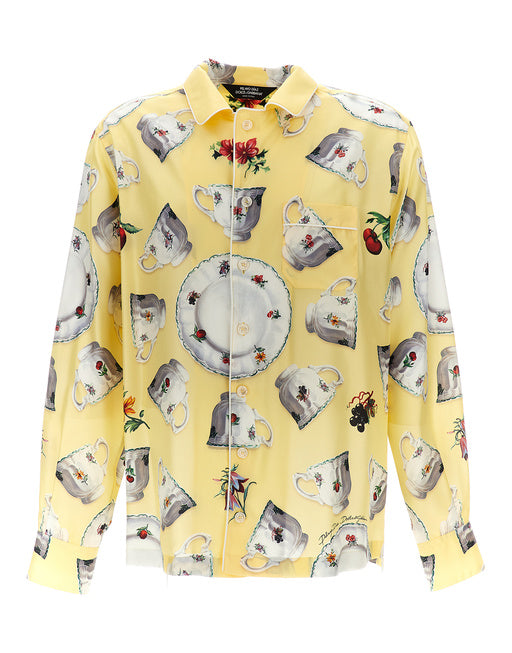 SILK HABOTAI SHIRT WITH PLATES AND CUPS PRINT