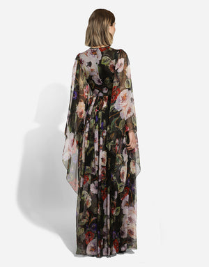 LONG CHIFFON DRESS WITH ROSE GARDEN PRINT