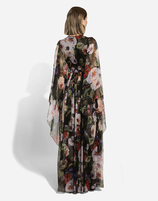 LONG CHIFFON DRESS WITH ROSE GARDEN PRINT