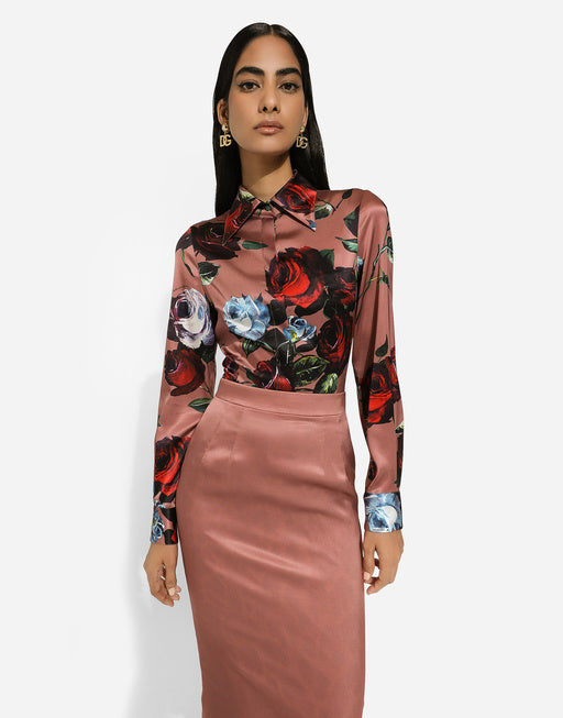 SATIN SHIRT WITH VINTAGE ROSE PRINT