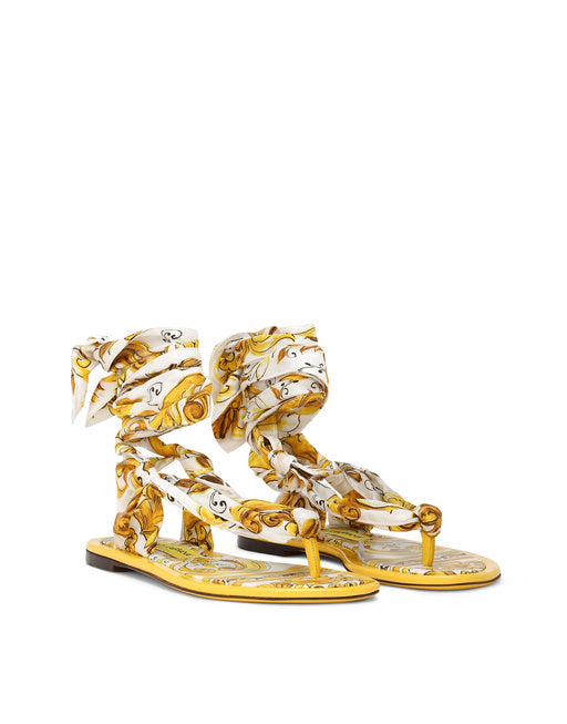 PRINTED SILK TWILL THONG SANDALS
