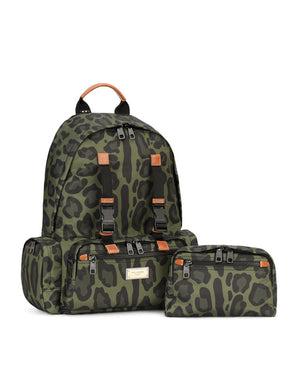 NYLON BACKPACK WITH LEOPARD PRINT AGAINST A GREEN BACKGROUND AND BRANDED PLATE