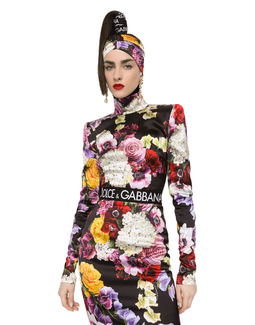 SATIN TURTLENECK TOP WITH HYDRANGEA AND FLORAL PRINT
