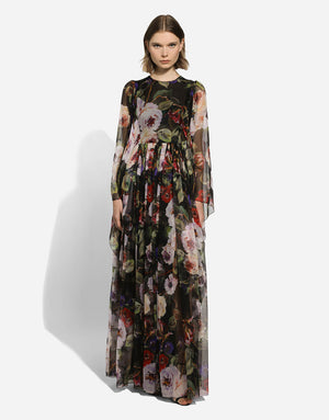 LONG CHIFFON DRESS WITH ROSE GARDEN PRINT
