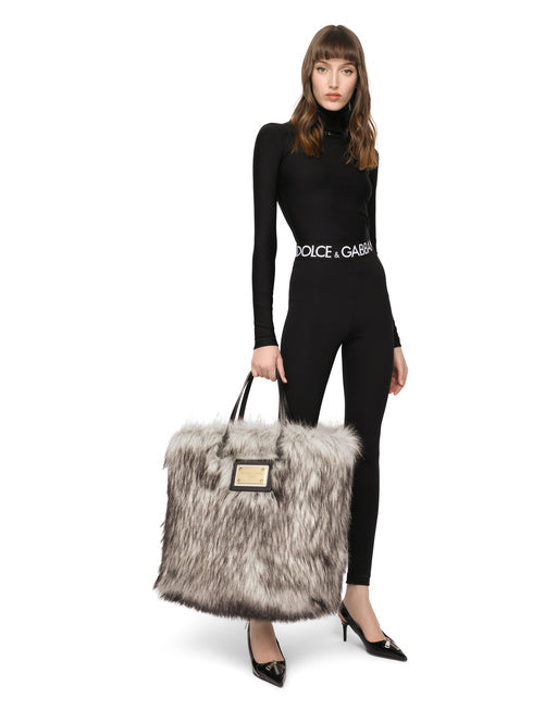 FAUX FUR SHOPPER WITH BRANDED TAG