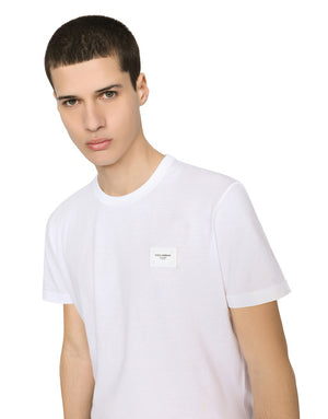 COTTON V-NECK T-SHIRT WITH BRANDED PLATE
