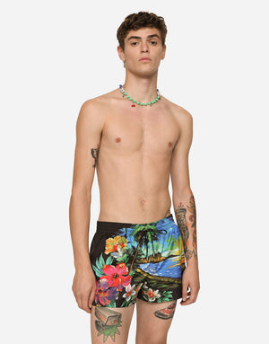 SHORT SWIM TRUNKS WITH HAWAIIAN PRINT