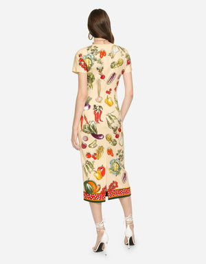 VEGETABLE-PRINT CHARMEUSE MIDI DRESS