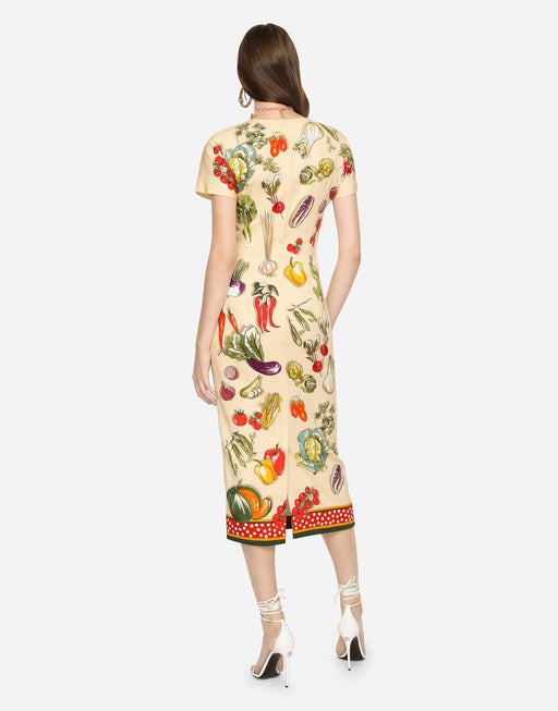 VEGETABLE-PRINT CHARMEUSE MIDI DRESS