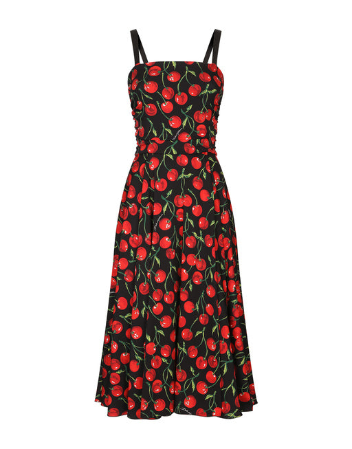 CHERRY-PRINT CHARMEUSE CALF-LENGTH DRESS