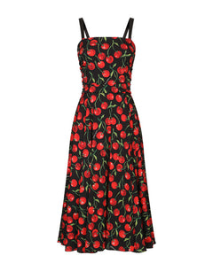 CHERRY-PRINT CHARMEUSE CALF-LENGTH DRESS