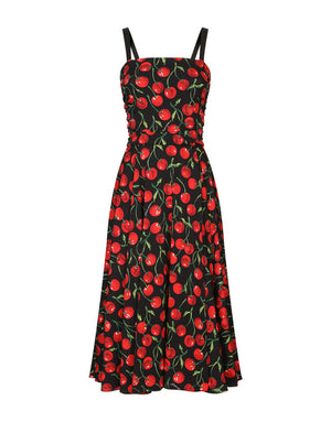 CHERRY-PRINT CHARMEUSE CALF-LENGTH DRESS