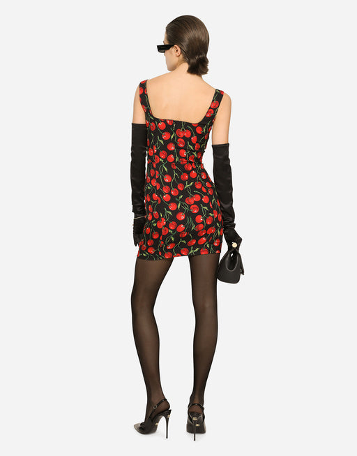 SHORT CHERRY-PRINT CHARMEUSE DRESS