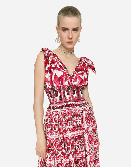 LONG MAJOLICA-PRINT POPLIN DRESS