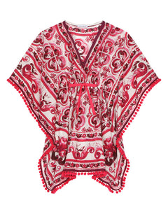 MAJOLICA-PRINT BATISTE CAFTAN WITH DRAWSTRING WAIST